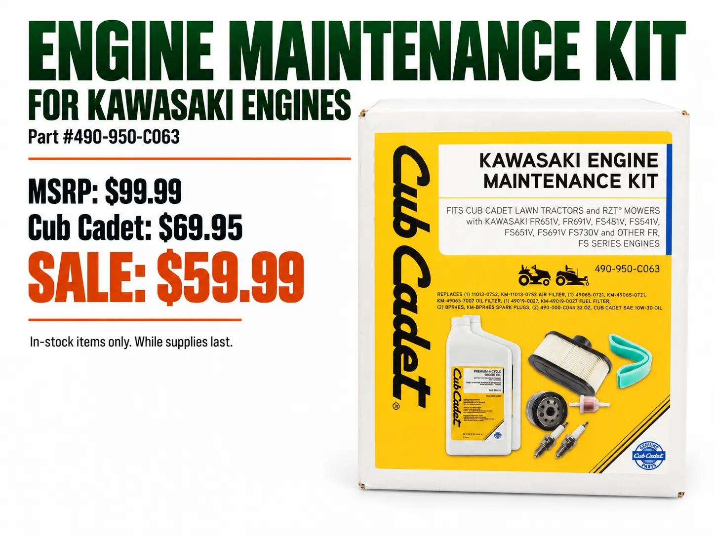 Cub Cadet engine maintenance kit for Kawasaki engines, part 490-950-C063.