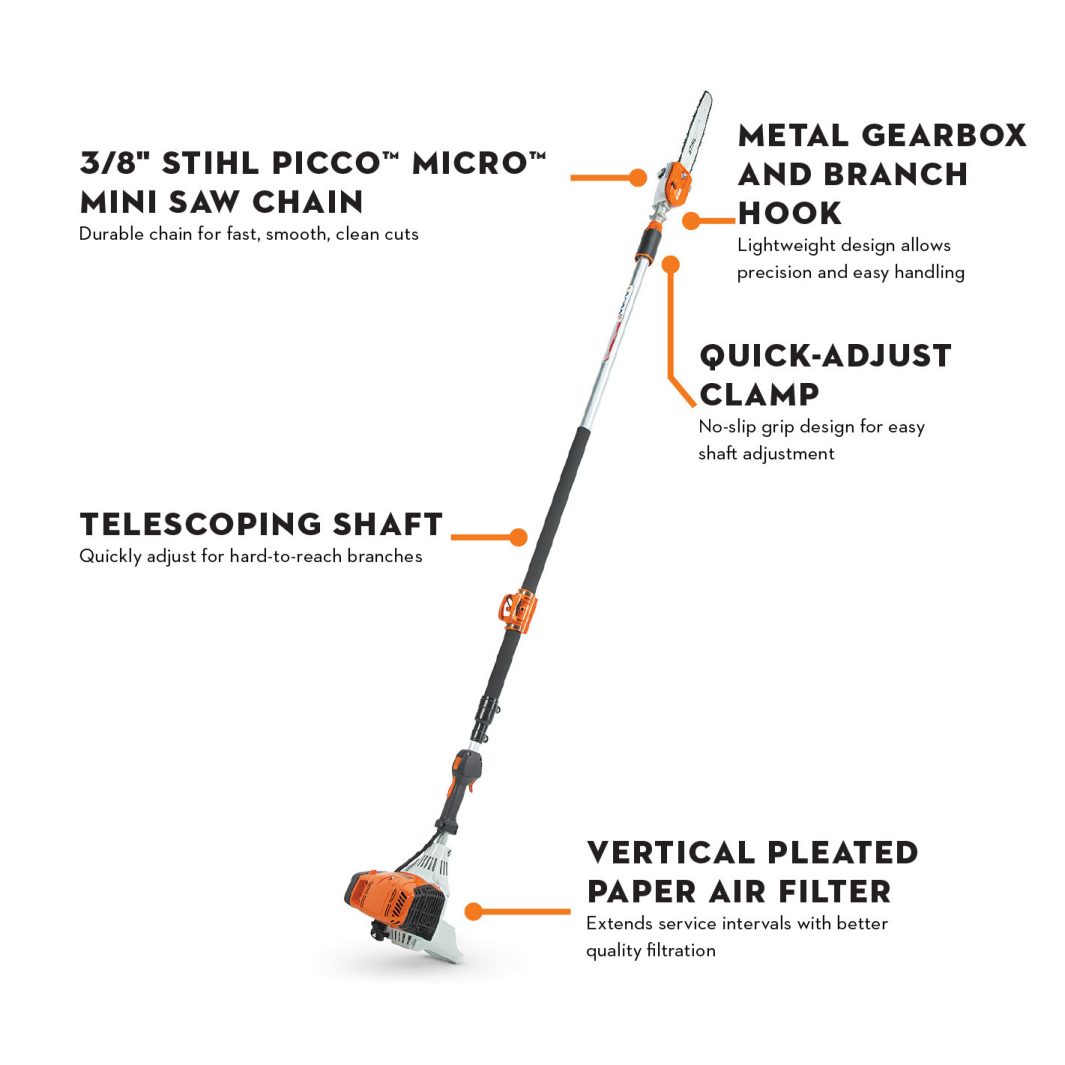 STIHL HT 135 telescoping pole saw with feature callouts