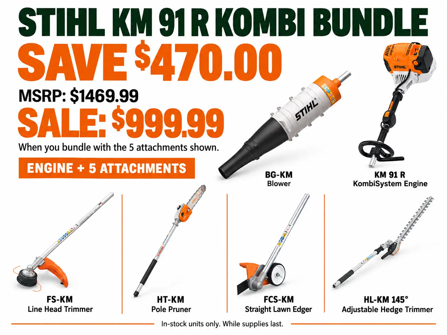 STIHL KM 91 R power head bundled with a blower, line trimmer, pole pruner, lawn edger, and adjustable hedge trimmer.
